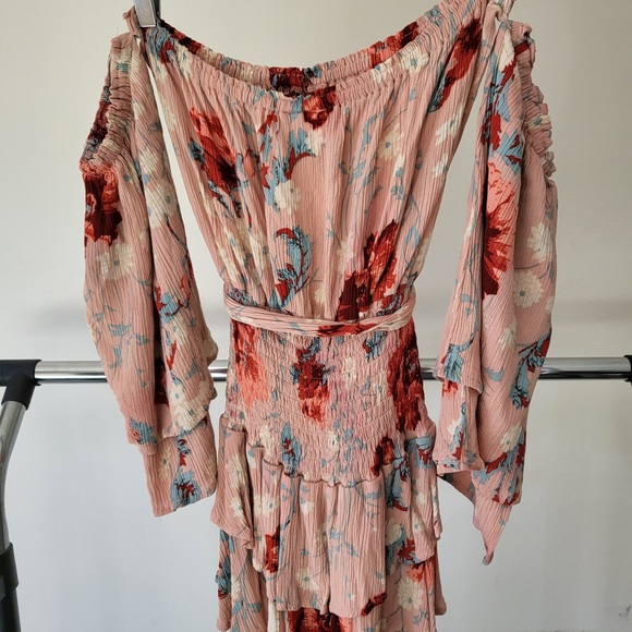 Peach / Blush Floral Off Shoulder Drop Waist Mini Dress - Picture 2 of 3